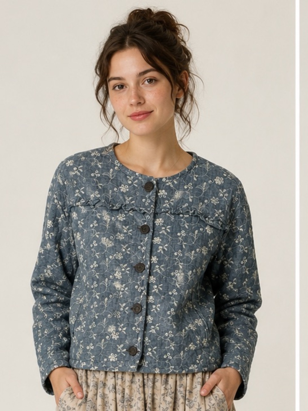 Quilted Floral Button-Front Cottagecore Chambray Embroidered Jacket Size 8-10